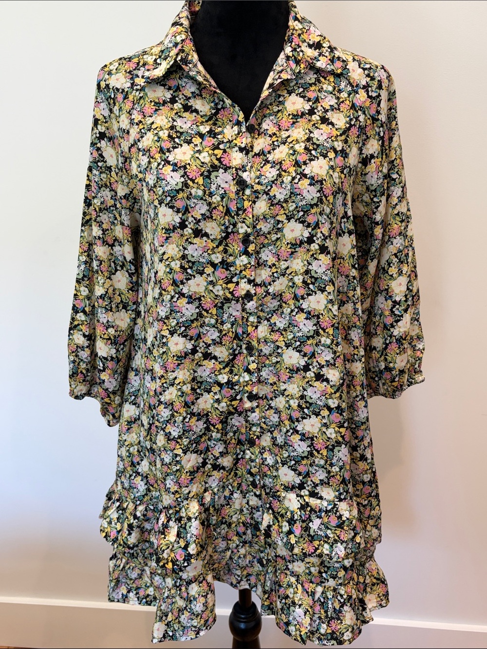 Floral Ruffled Mini Dress - Black Multi